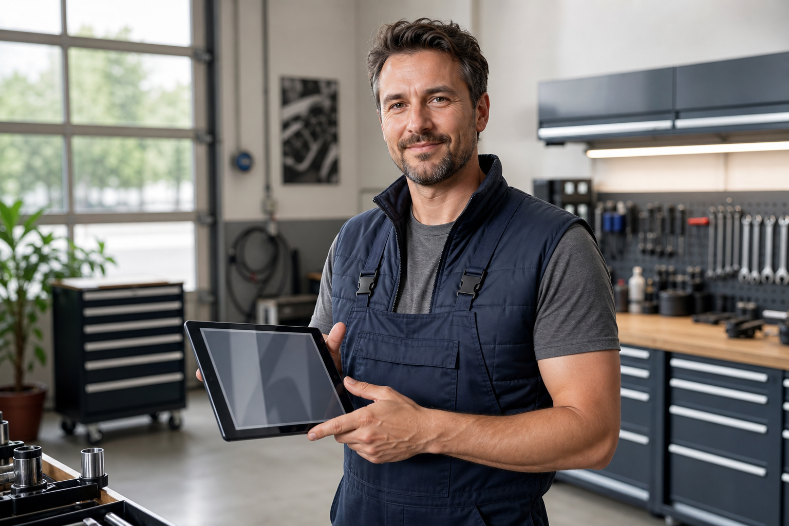 Werkstattinhaber verwaltet Buchungen mit FixLib auf einem Tablet