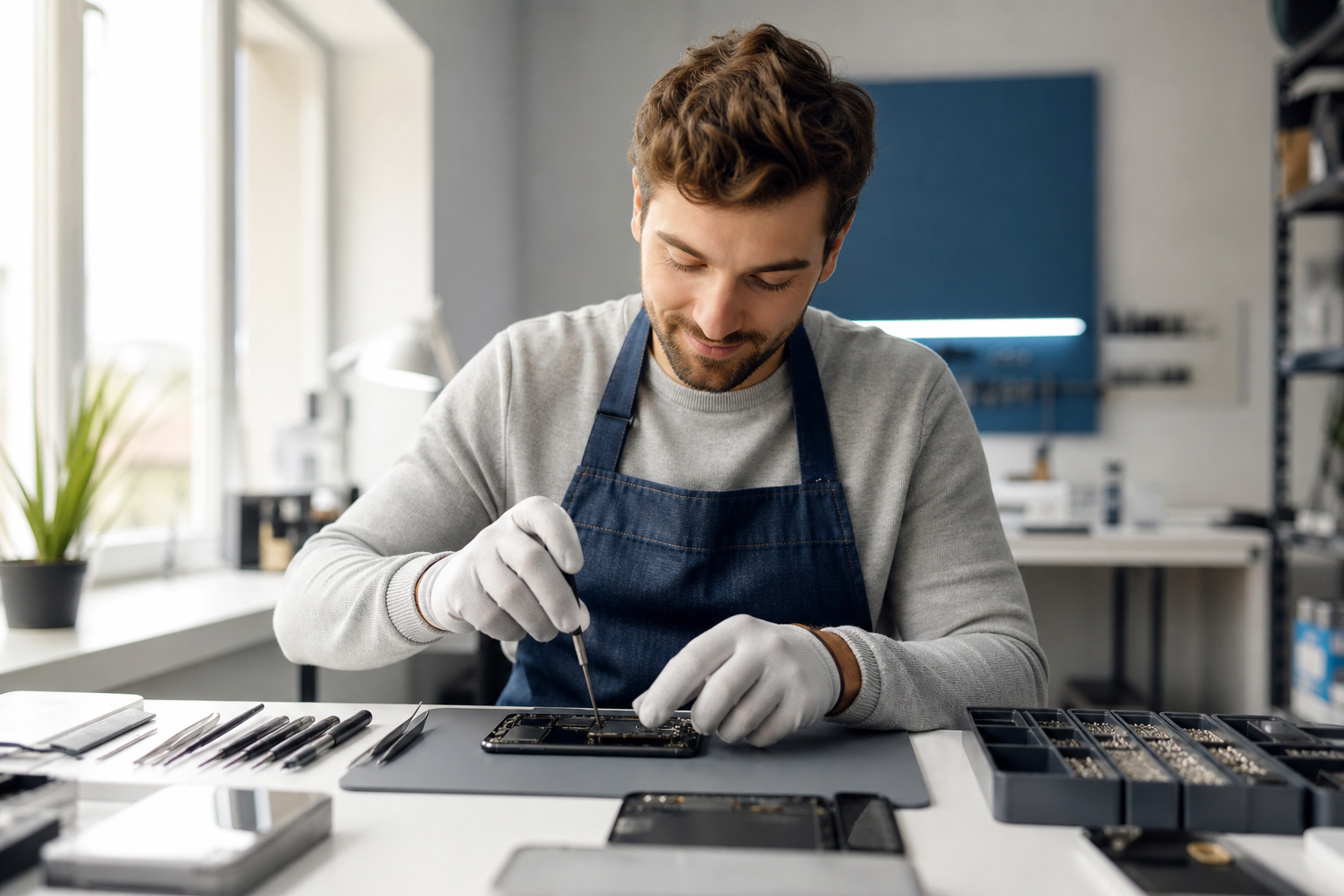 Techniker repariert ein Smartphone in einer geprüften FixLib-Partnerwerkstatt